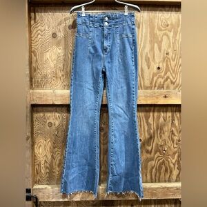 We The Free Jayde High Rise Flare Wide Leg Jeans — Raw Hem Stretch Denim